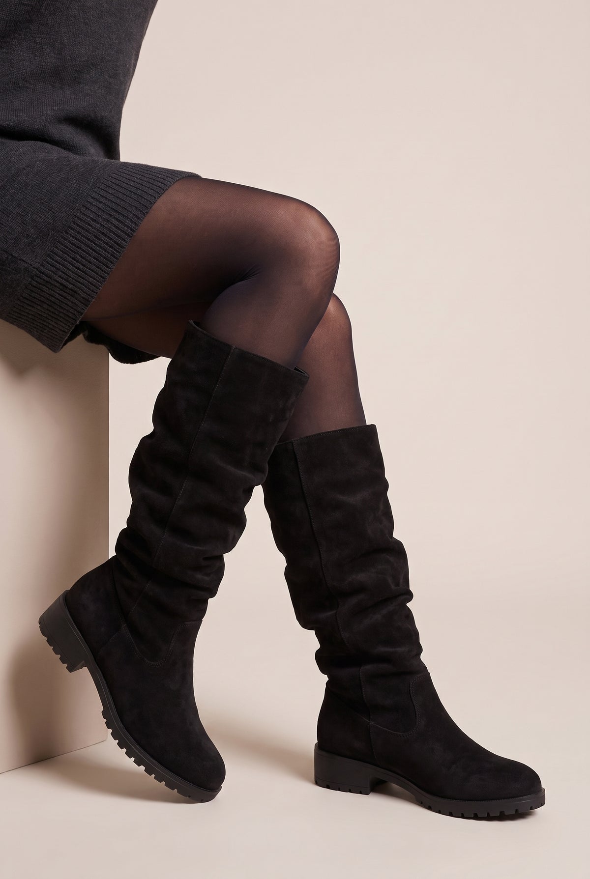 Ondine | Women's Suede Over-the-Knee Boots Pleated Chunky Heel Boots