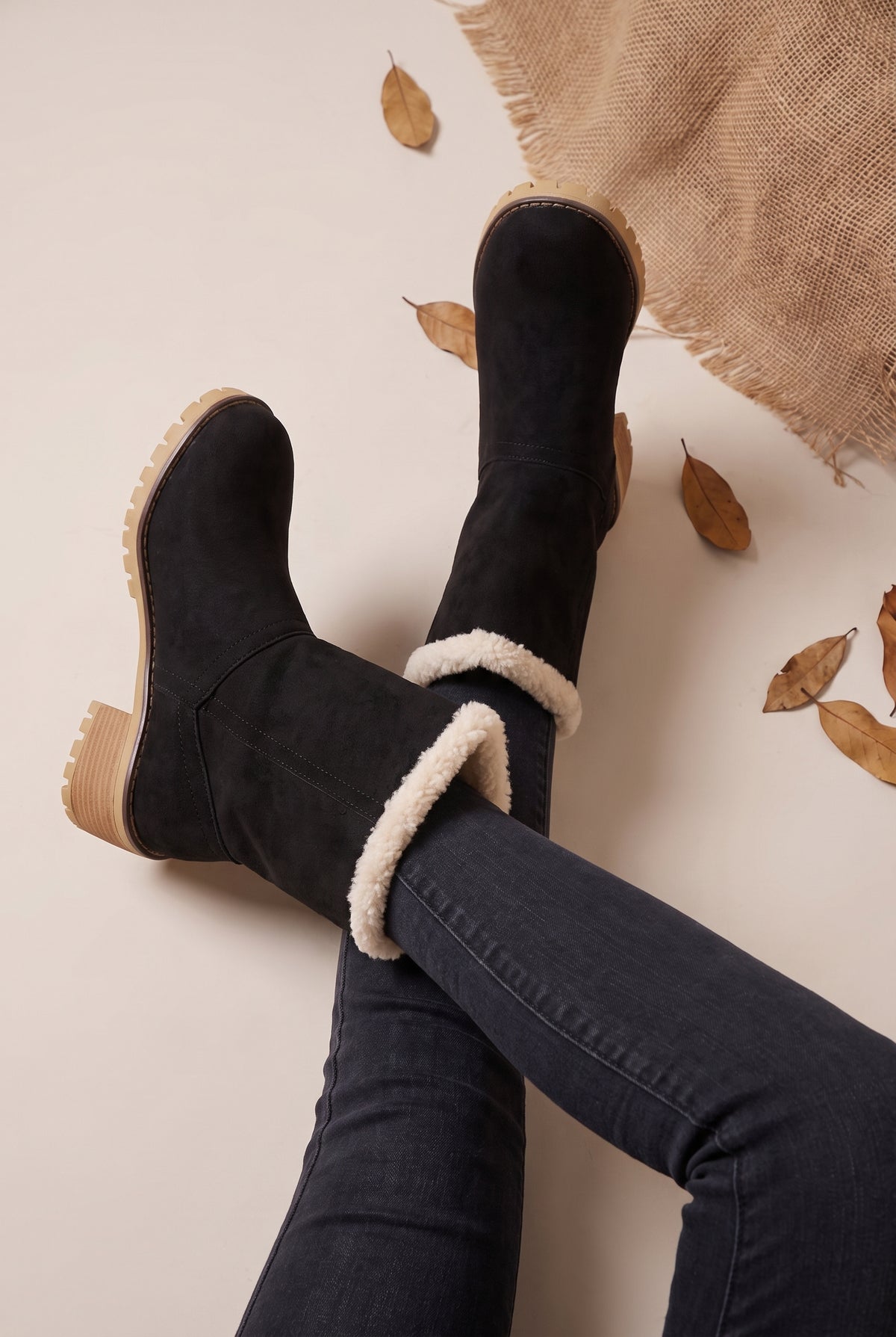 Margaux | Women's Fur Cuff Combat Winter Boots Fleece-Lined Mid-Calf Boots
