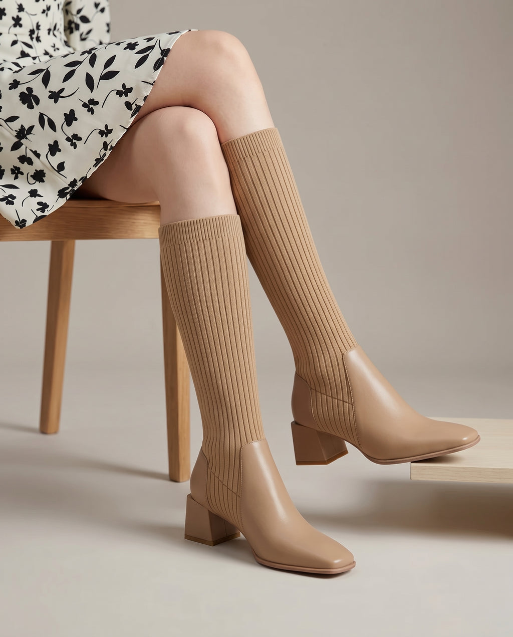 Séraphine | Women's Stretch Knit Sock Boots Chunky Mid-Heel Boots