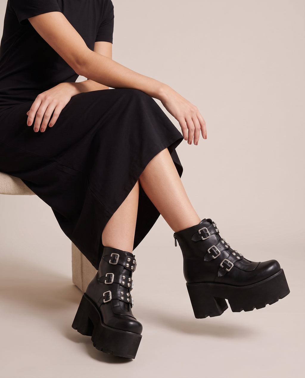 Reine | Women's Faux Leather Platform Ankle Boots Studded Buckle Boots