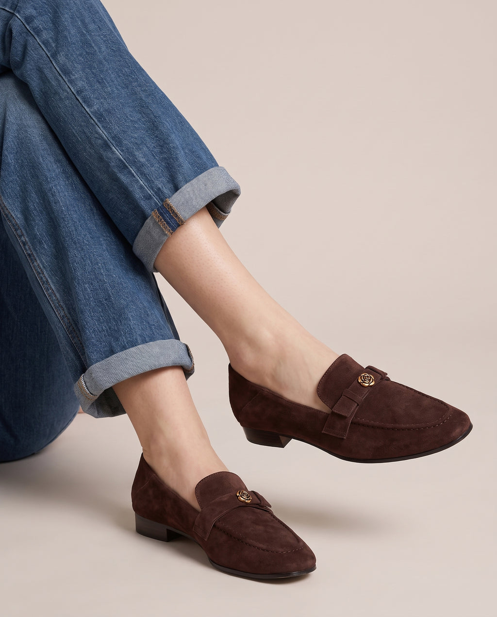 Margaux | Women's Leather Camellia Loafers Low-Heel Ankle-Strap Shoes