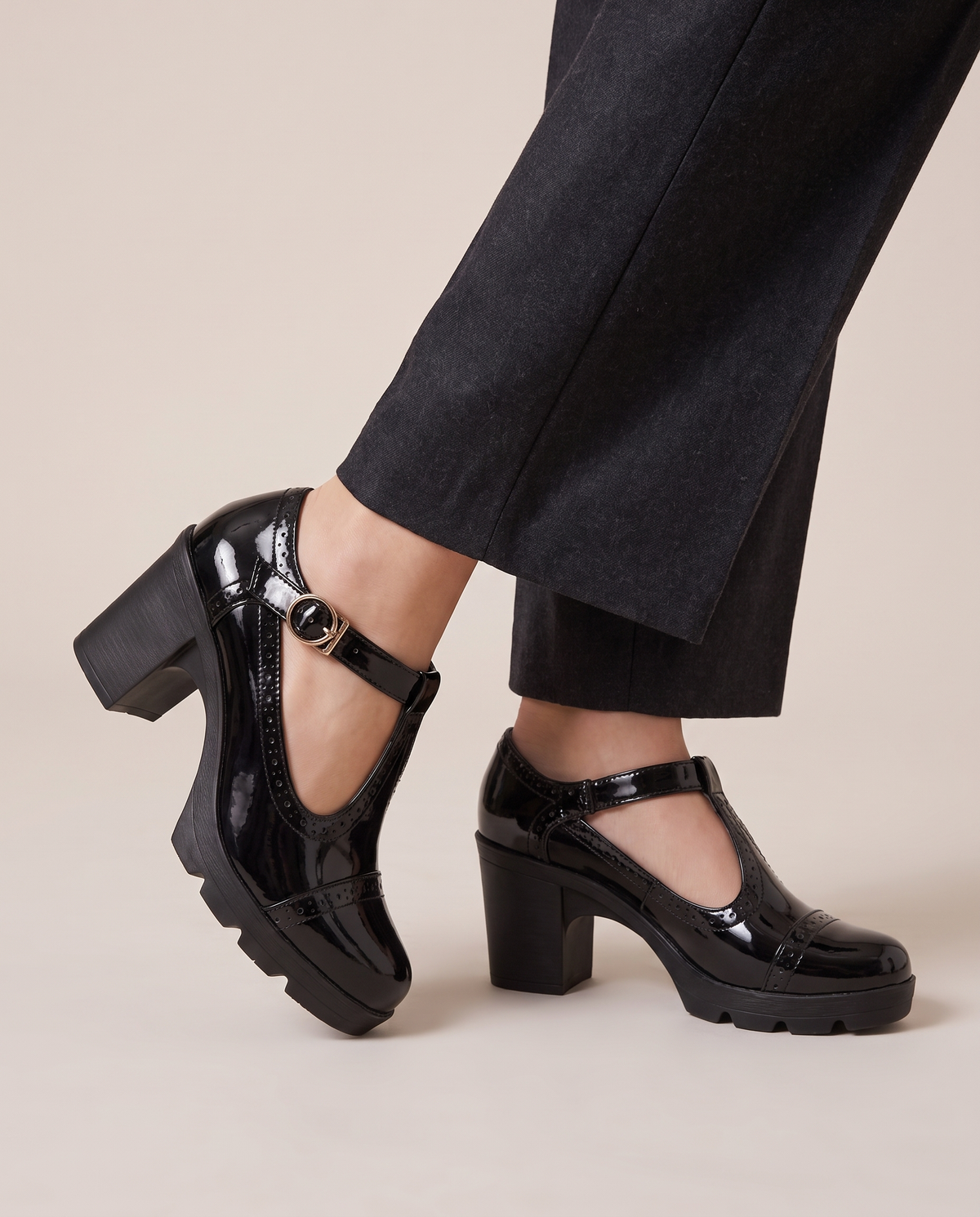 Aveline | Women's Patent Block Heel Court Shoes Round-Toe Buckle Shoes
