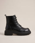 Reine | Women's Faux Leather Lace-Up Combat Boots Chunky Heel Side-Zip