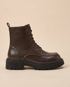 Reine | Women's Faux Leather Lace-Up Combat Boots Chunky Heel Side-Zip