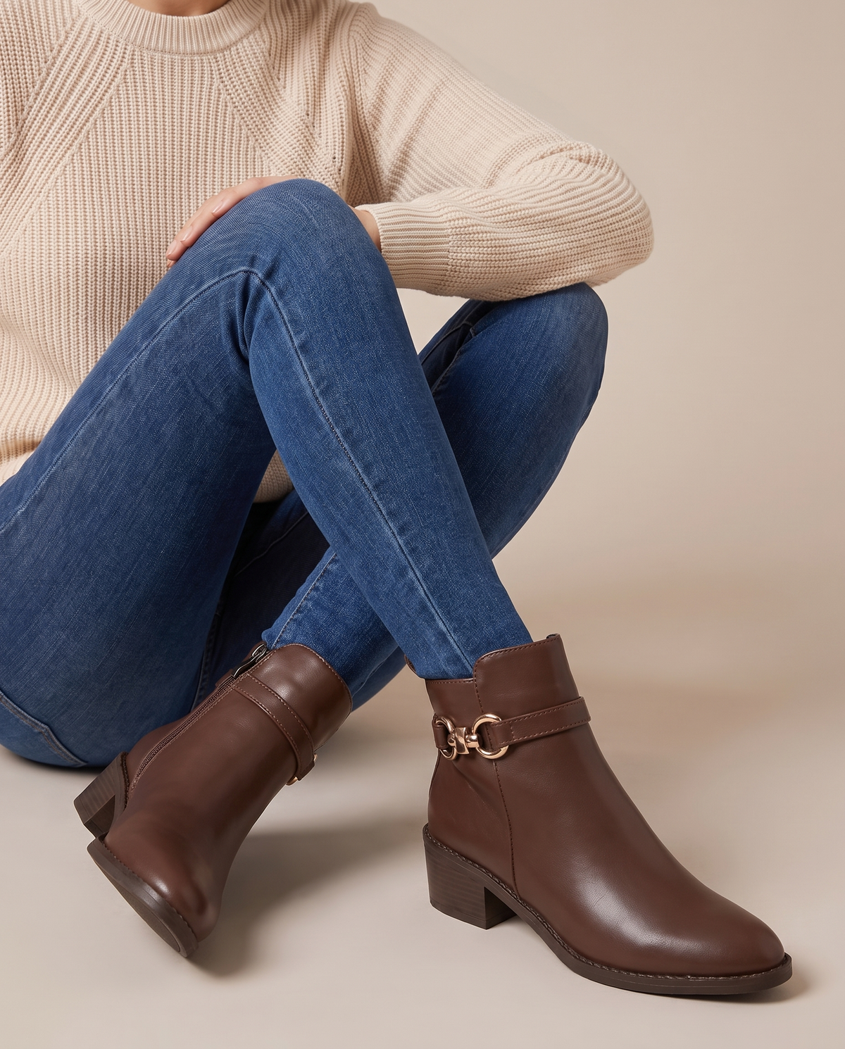 Nacre | Women's Faux Leather Block Heel Ankle Boots Round-Toe Side-Zip