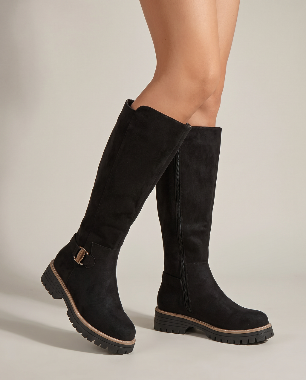 Constance | Women's Suede Knee High Boots Chunky Heel Side-Zip Boots