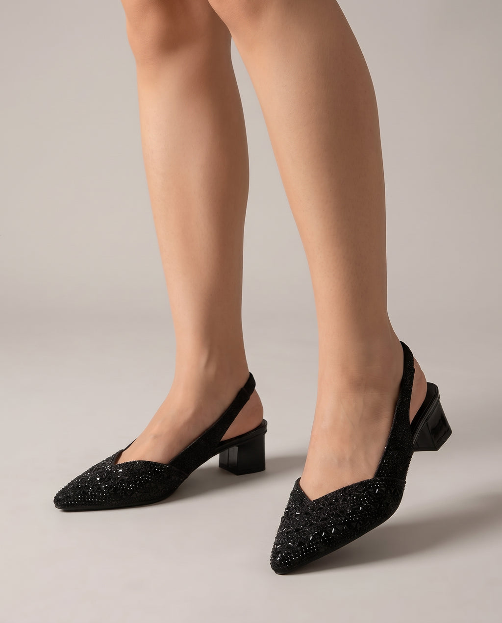Nacre | Women's Pointed Toe Slingback Pumps with Rhinestone Detail and Block Heel