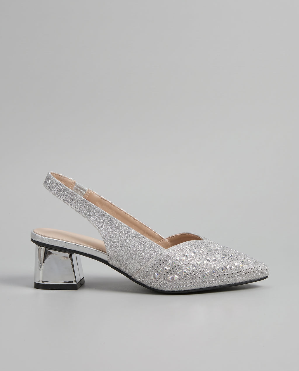 Nacre | Women's Pointed Toe Slingback Pumps with Rhinestone Detail and Block Heel