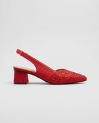Nacre | Women's Pointed Toe Slingback Pumps with Rhinestone Detail and Block Heel