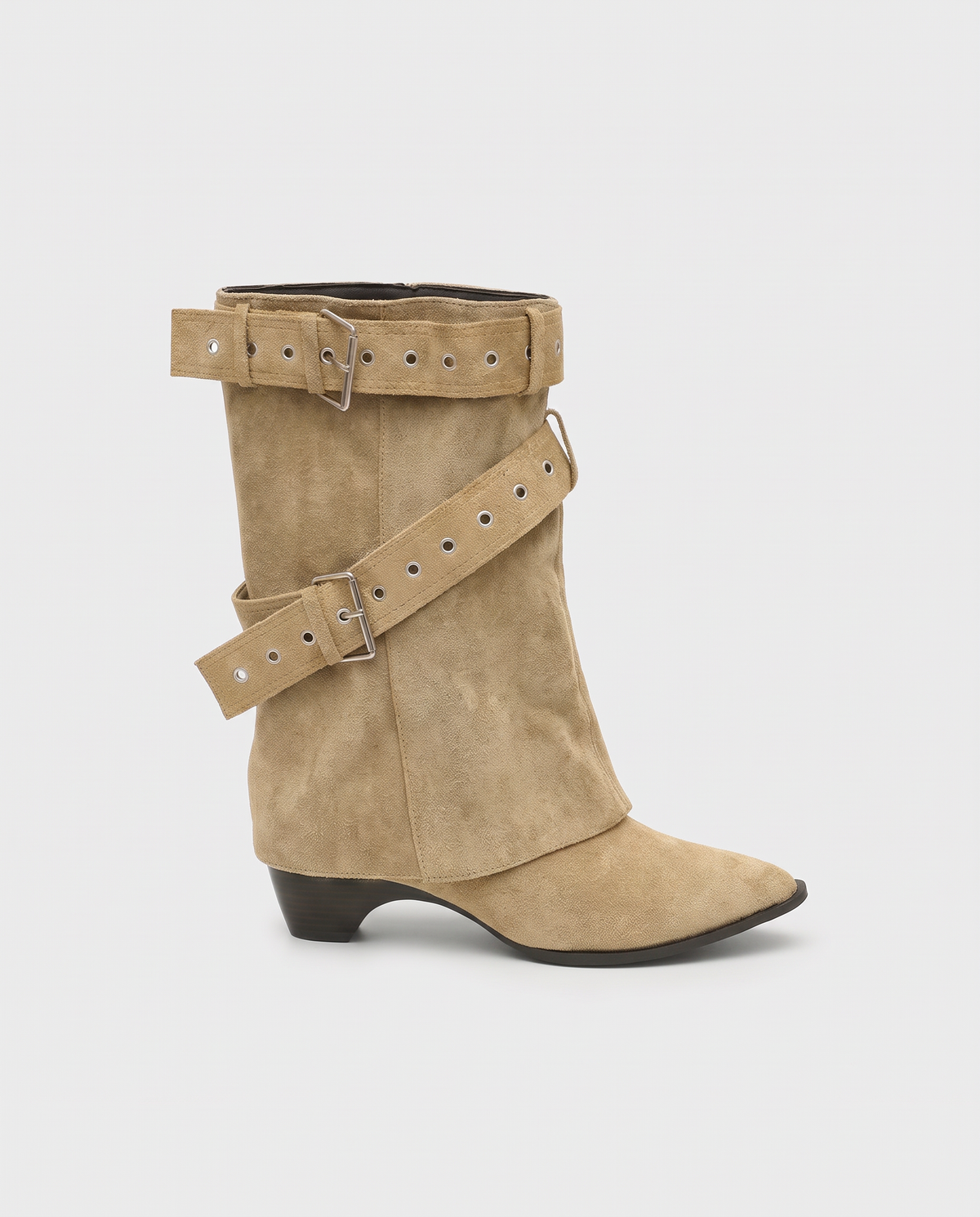 Constance | Women's Suede Buckle Boots Pointed-Toe Mid Calf Low Heel