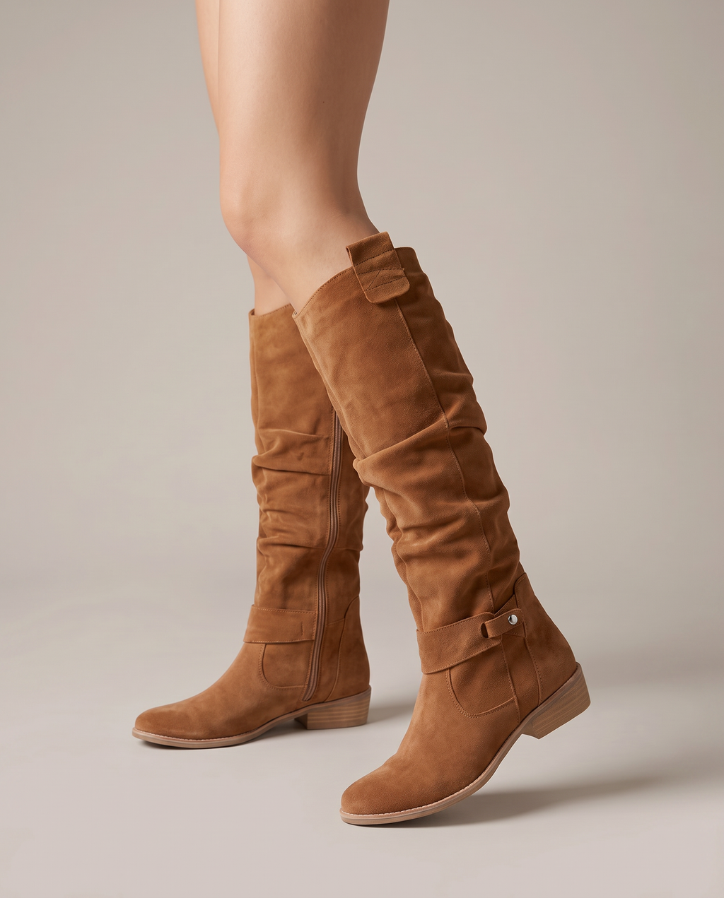 Margaux | Women's Faux Suede Knee High Riding Boots Block Heel Buckle