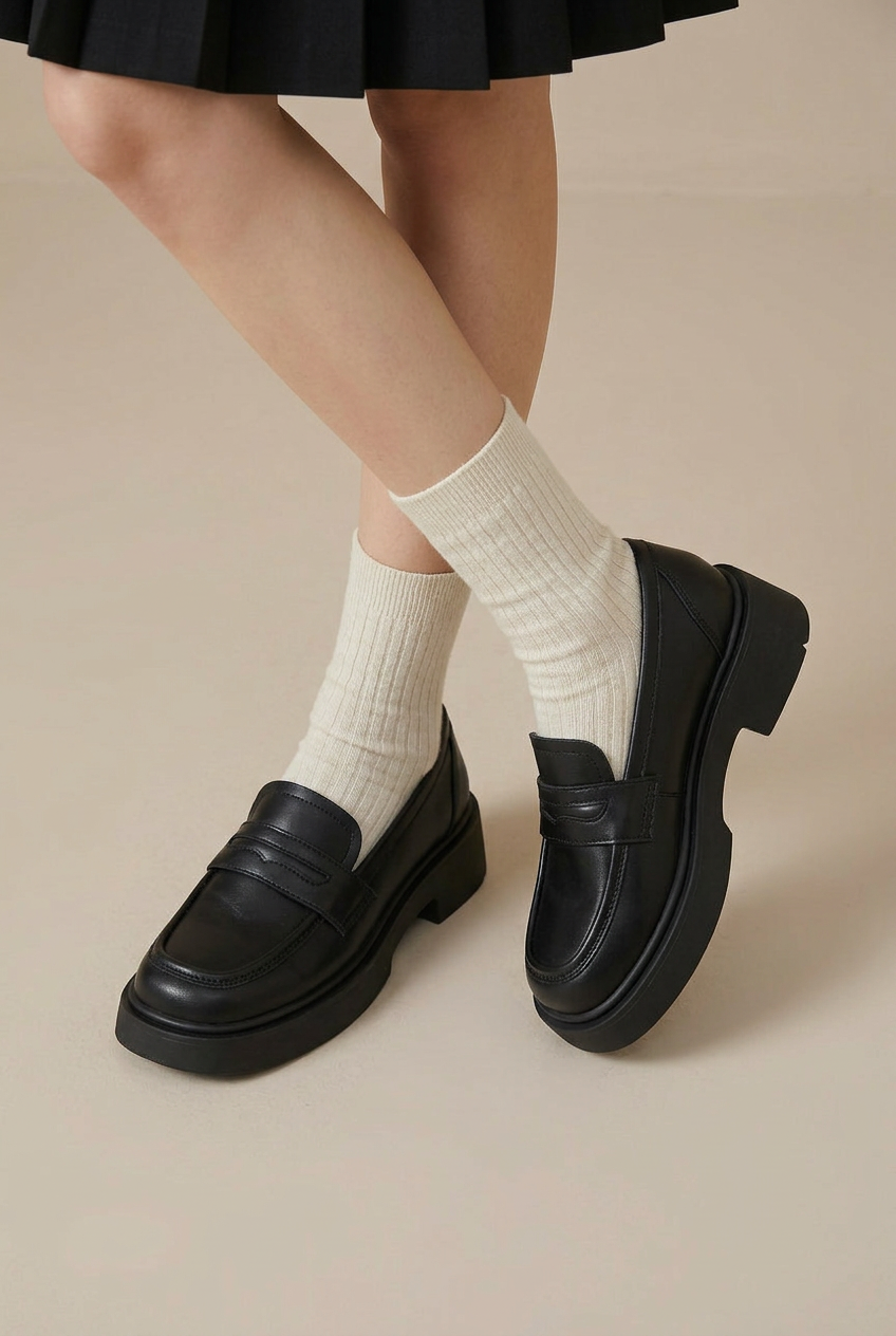 Margaux | Women's Classic Cowhide Leather Loafers – British-Style Slip-On Casual Shoes, Round Toe, Mid-Heel