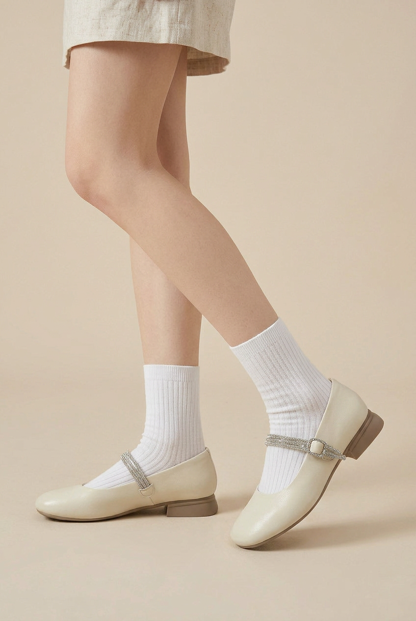 Ondine | Women's Sheepskin Mary Jane Shoes – Rhinestone Accent, Square Toe, Low Block Heel