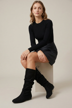 Margaux | Women's Mid-Calf Knight Boots – Chunky Heel Pleated Suede Round Toe Rear Lace-Up