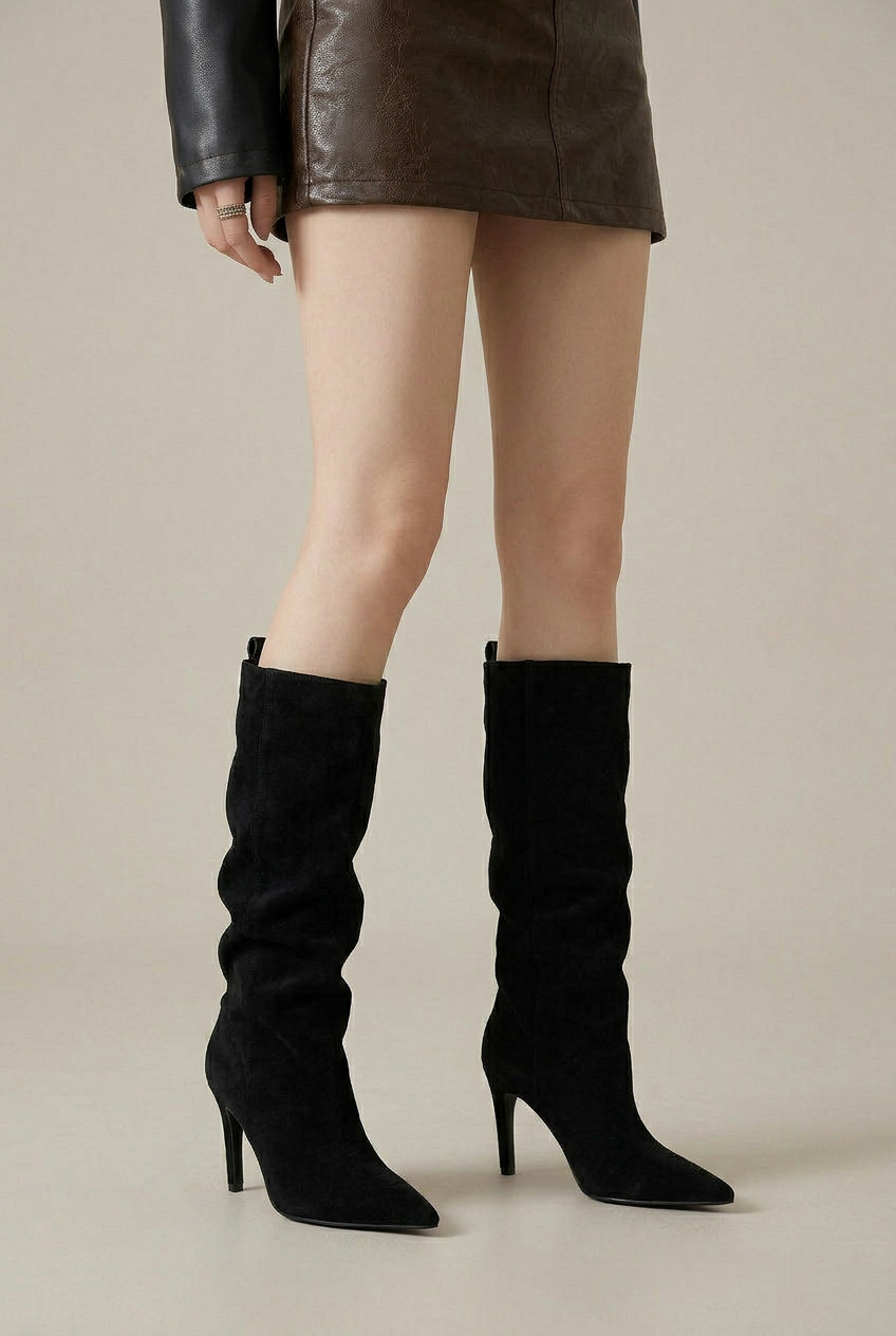 Ondine | Women's Pointed Toe Stiletto Knee-High Boots – Sleek Satin Finish Dress Heel