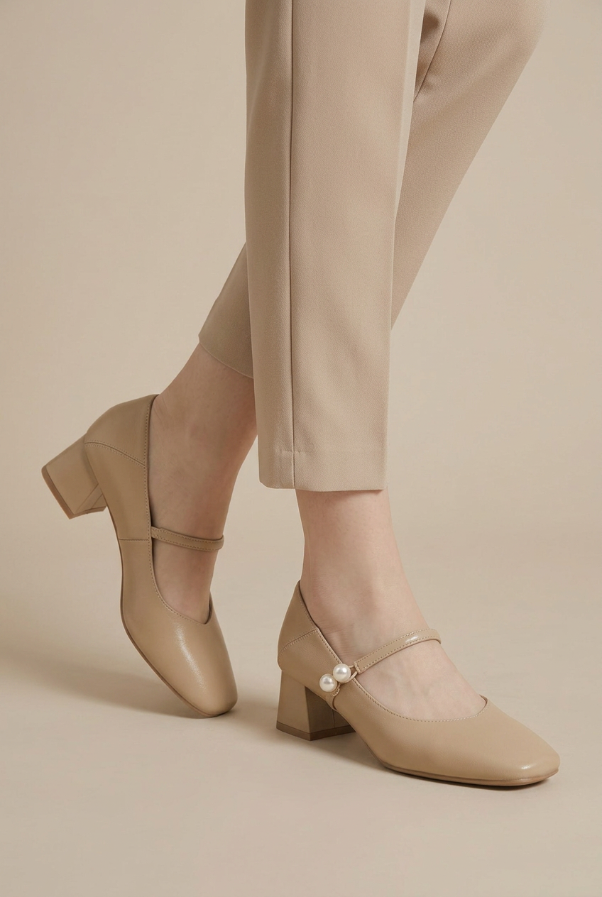 Ondine | Women's Mary Jane Shoes Square-Toe 5cm Block-Heel Buckle-Strap Leather Heels