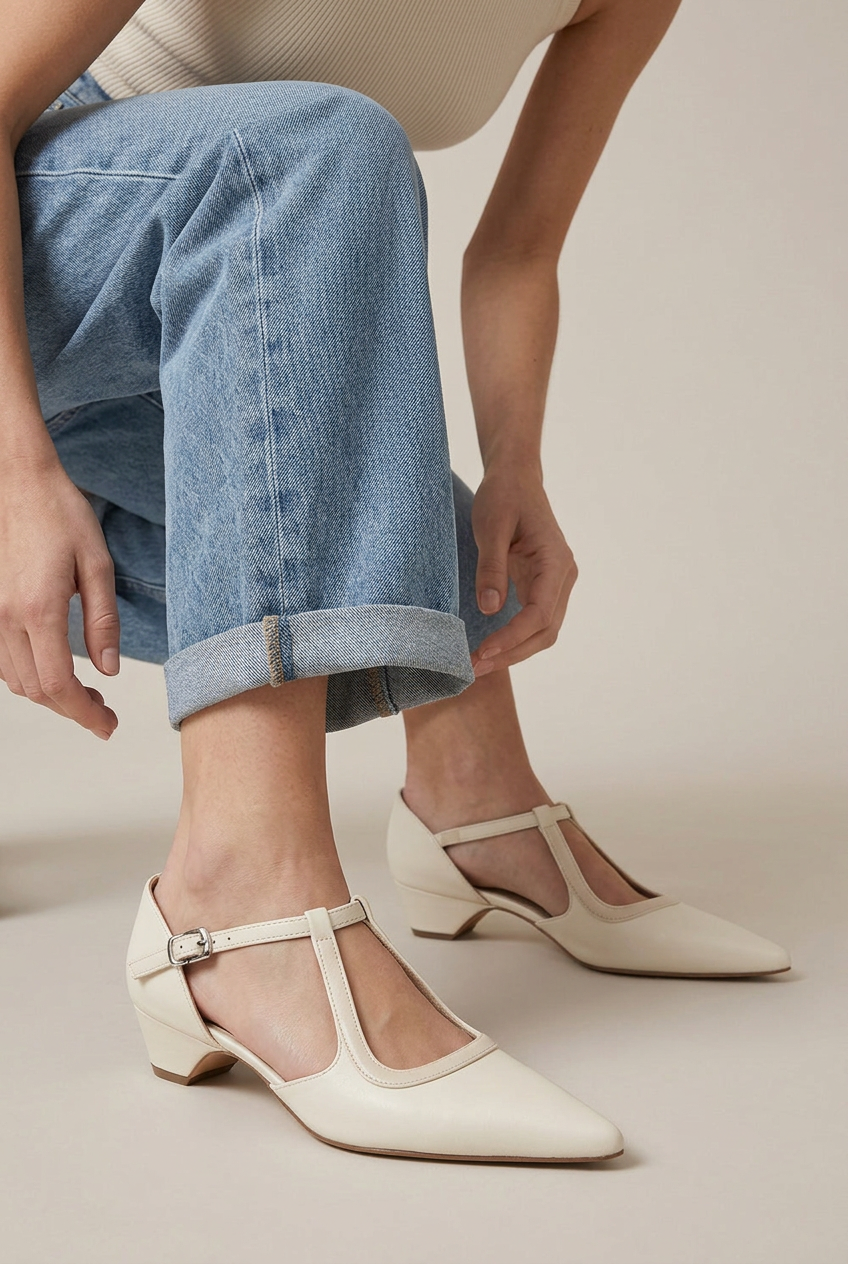 Ondine | Pointed Toe Mary Jane Shoes Women Soft Leather Strap Medium Heel
