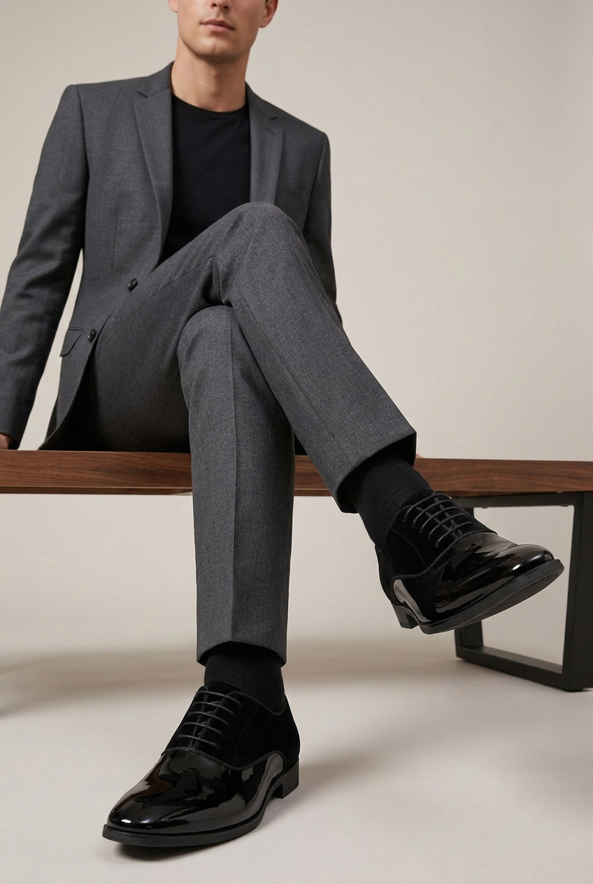 Bastion | Men's Leather Lace-Up Oxford Shoes Almond-Toe Contrast-Panel Business-Casual Dress Shoes
