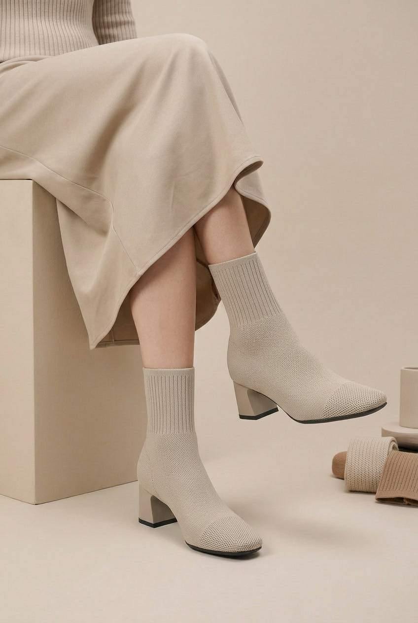 Ondine | Knitted Sock Boots Women Chunky Heel Square Toe Elastic Stretch
