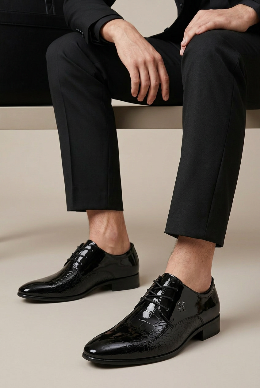 Bastion | Men's Leather Lace-Up Oxford Dress Shoes Pointed-Toe High-Gloss Business-Casual Formal Shoes