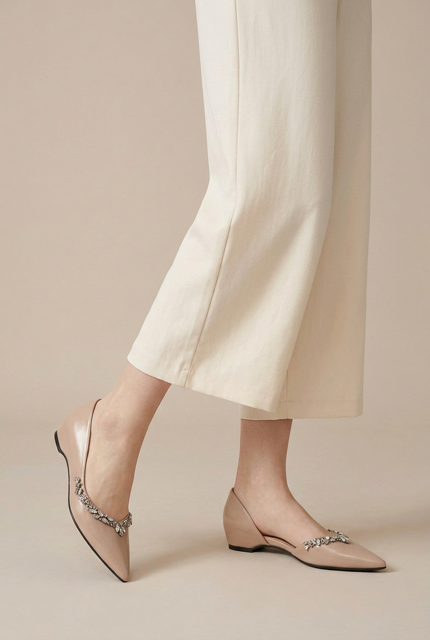 Ondine | Women's Pointed-Toe Shoes Rhinestone Side-Cutout Slip-On Hidden-Heel Dress Flats