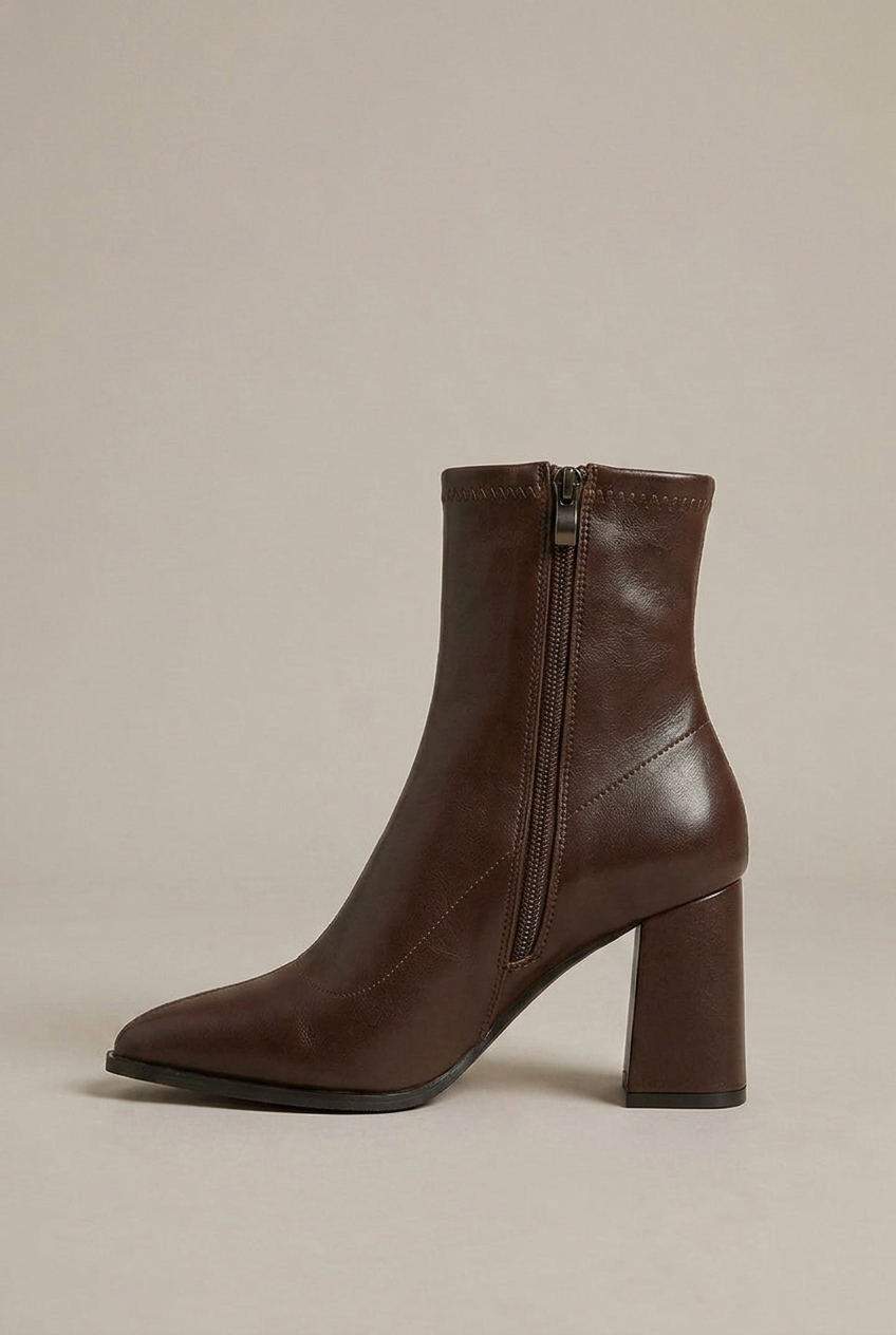Women's Mid-Top PU Boots - Pointed Toe Back Zipper Thick Heel Halloway Reed