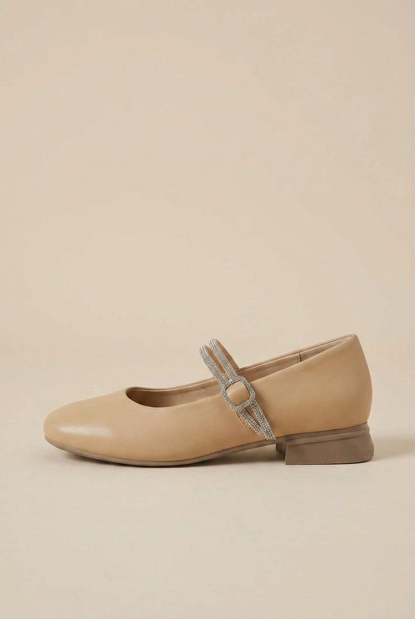 Women's Sheepskin Mary Jane Shoes – Rhinestone Accent, Square Toe, Low Block Heel Halloway Reed