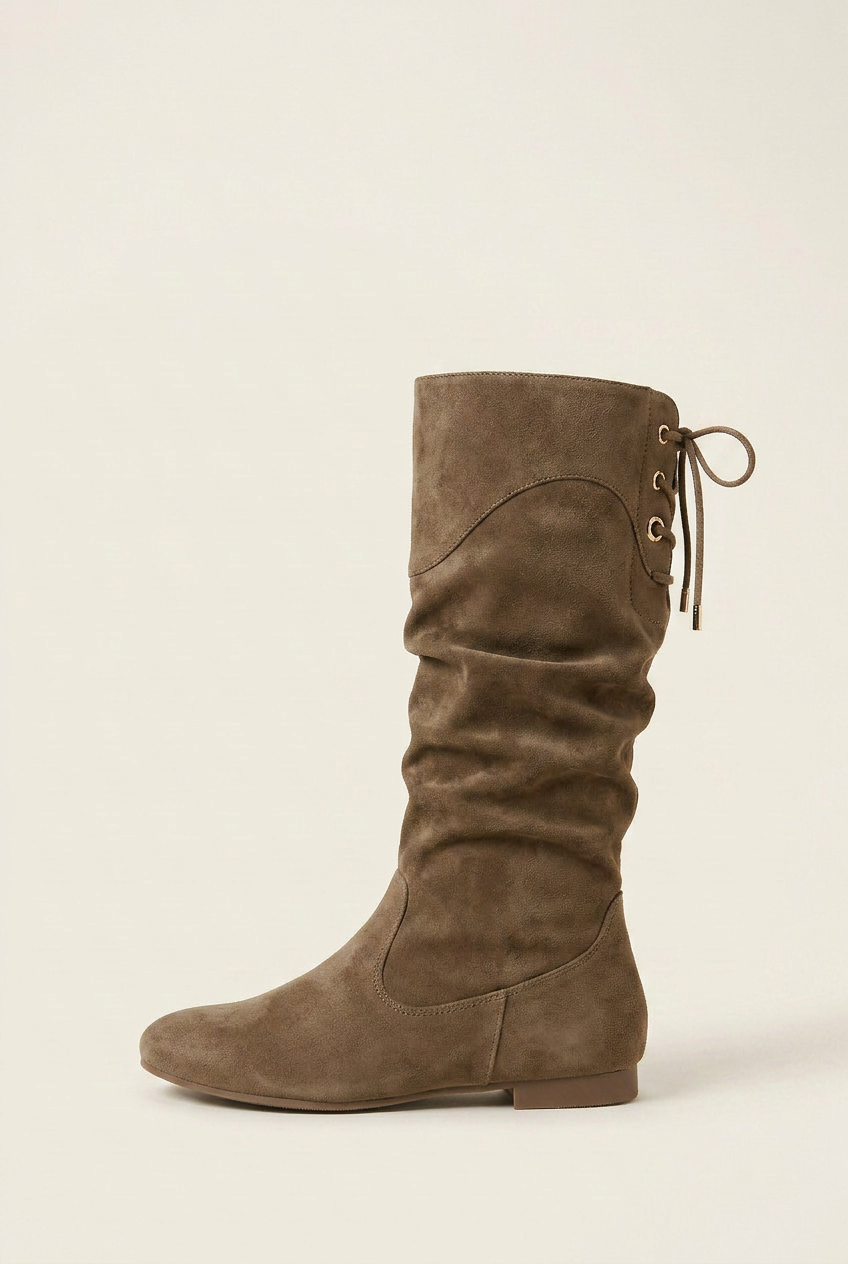 Women's Mid-Calf Knight Boots – Chunky Heel Pleated Suede Round Toe Rear Lace-Up Halloway Reed