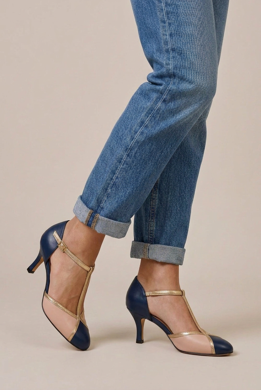 Reine | Women's T-Strap High Heel Shoes Closed-Toe Buckle-Strap Ankle-Strap Dress Heels