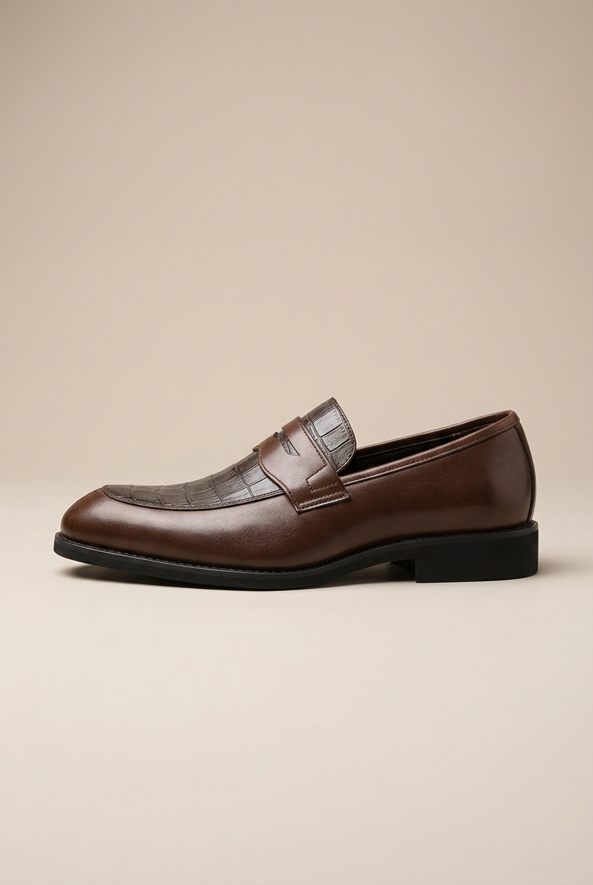 Apollo | Men's Crocodile Embossed Penny Loafers Slip-On Leather Round-Toe Dress Shoes