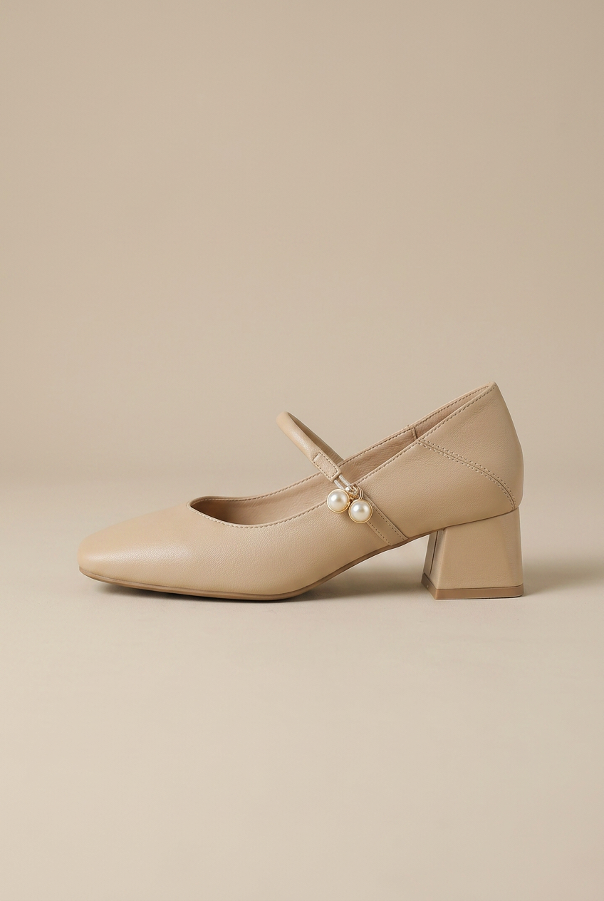 Ondine | Women's Mary Jane Shoes Square-Toe 5cm Block-Heel Buckle-Strap Leather Heels