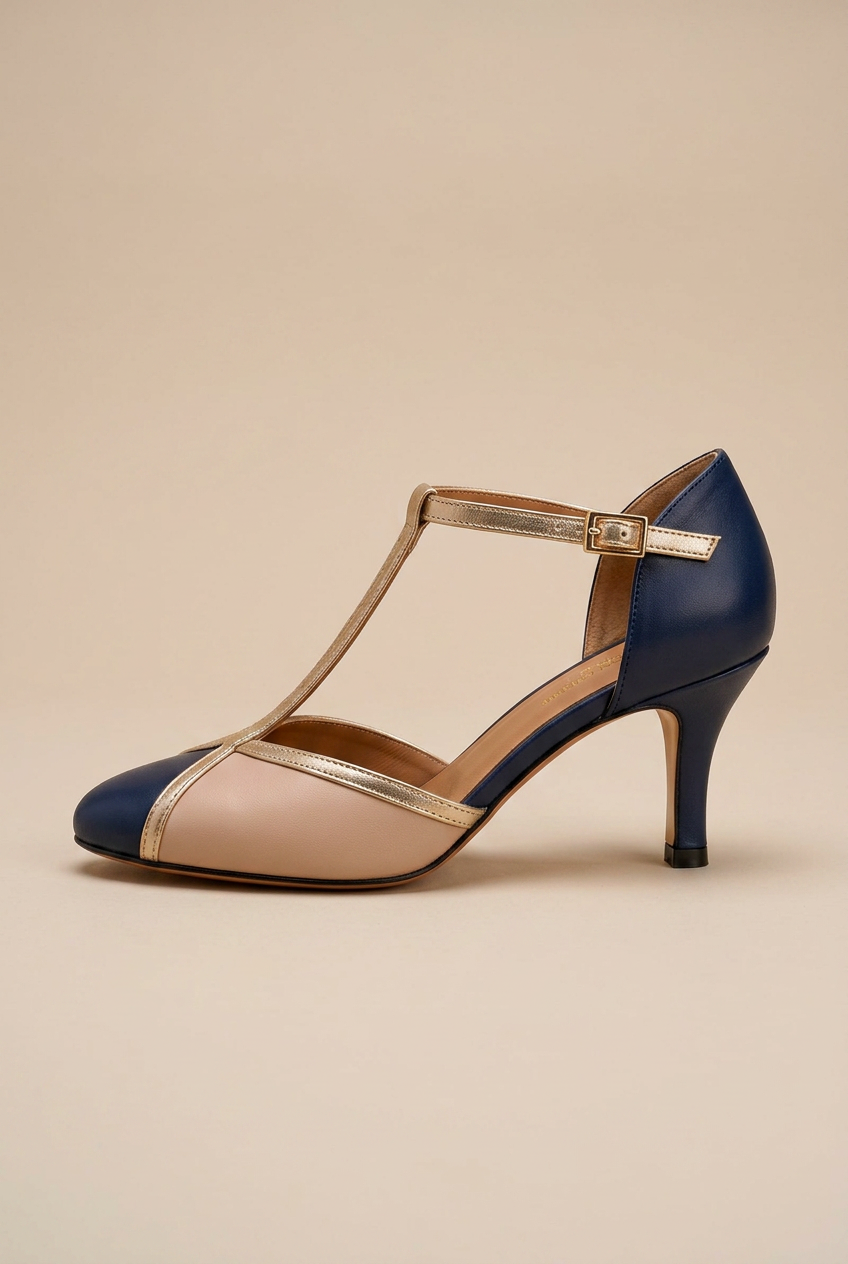 Reine | Women's T-Strap High Heel Shoes Closed-Toe Buckle-Strap Ankle-Strap Dress Heels