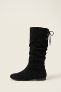 Women's Mid-Calf Knight Boots – Chunky Heel Pleated Suede Round Toe Rear Lace-Up Halloway Reed