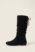 Women's Mid-Calf Knight Boots – Chunky Heel Pleated Suede Round Toe Rear Lace-Up Halloway Reed