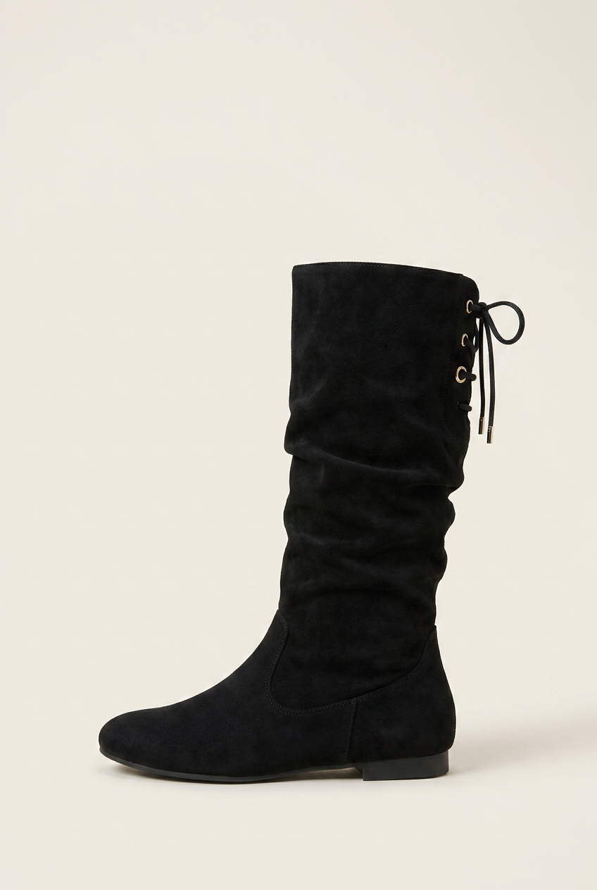 Women's Mid-Calf Knight Boots – Chunky Heel Pleated Suede Round Toe Rear Lace-Up Halloway Reed