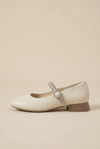 Women's Sheepskin Mary Jane Shoes – Rhinestone Accent, Square Toe, Low Block Heel Halloway Reed