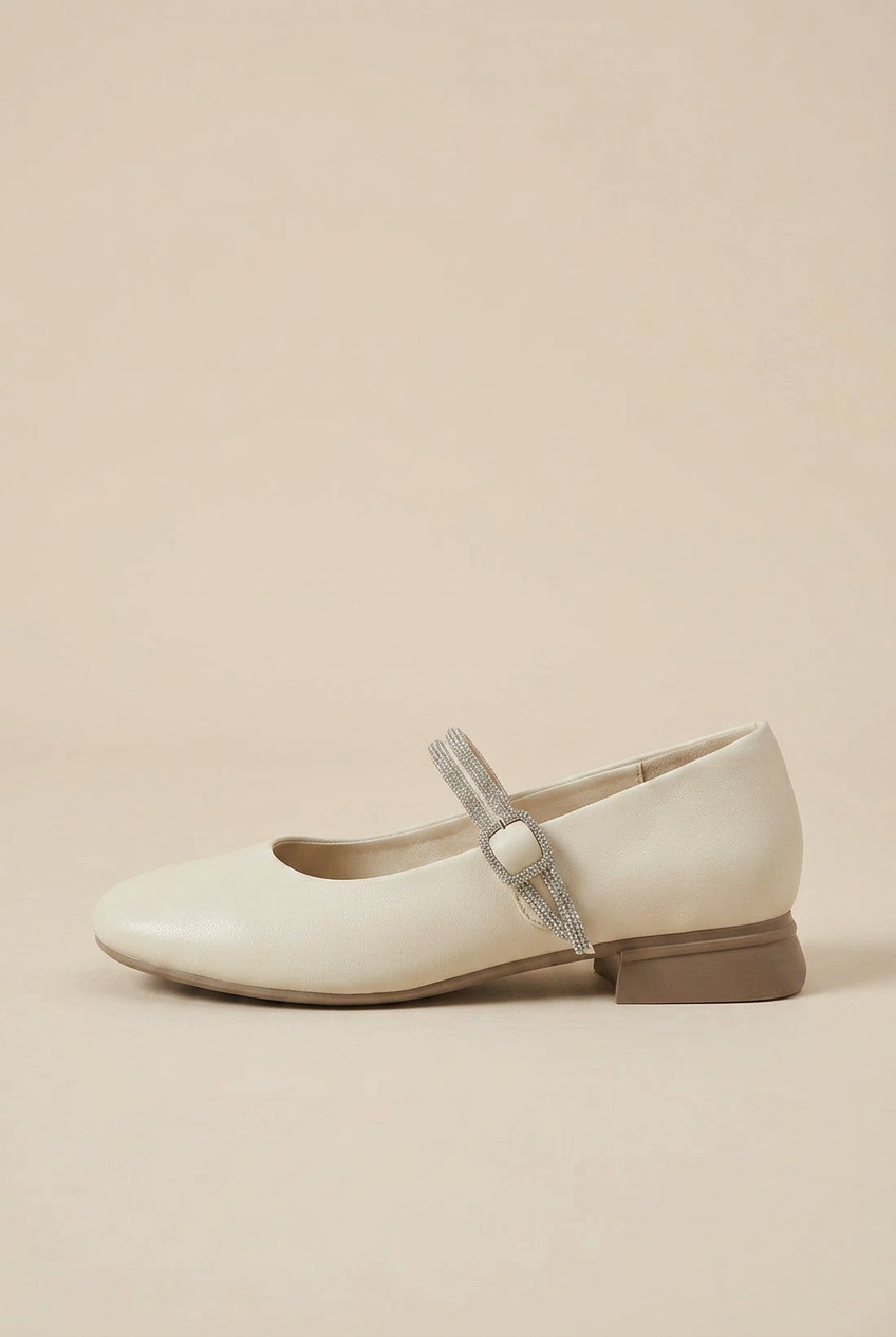 Women's Sheepskin Mary Jane Shoes – Rhinestone Accent, Square Toe, Low Block Heel Halloway Reed